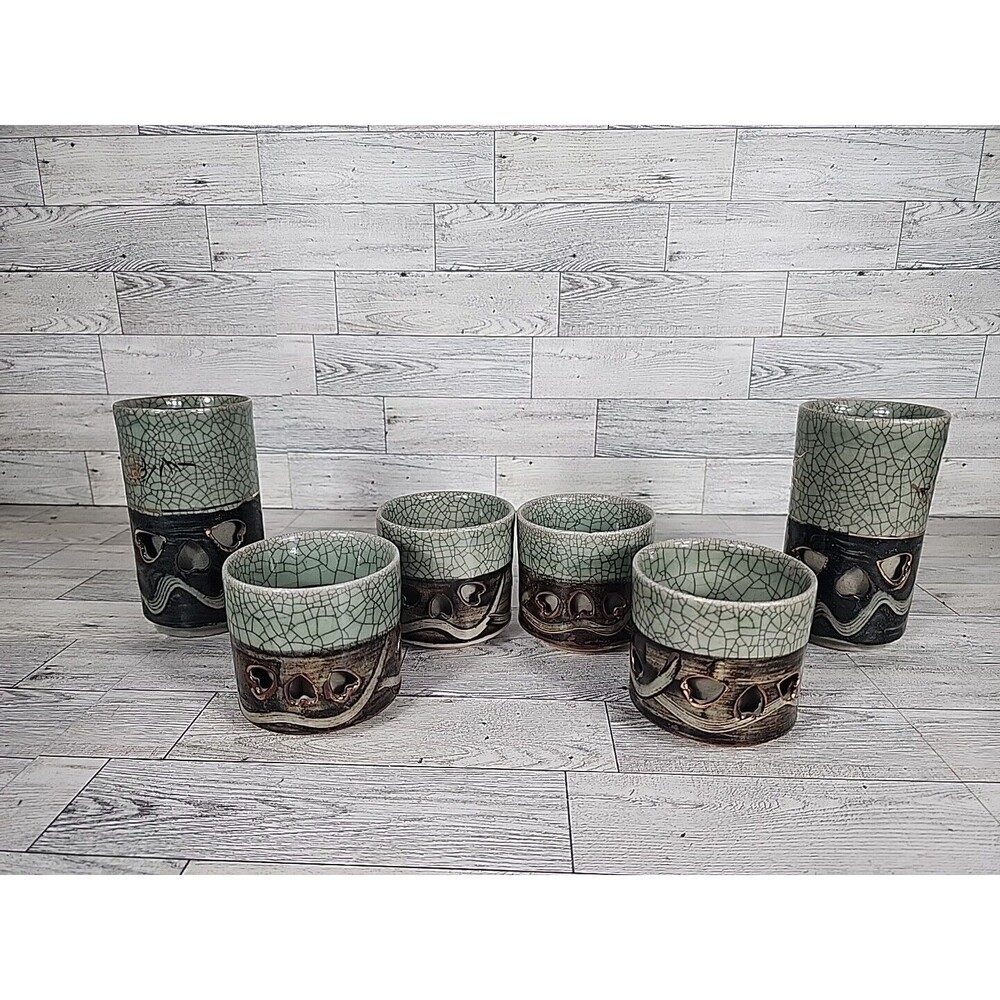 Somayaki Crackle Glaze Candle Holder Set DOUBLE WALL Vintage Japanese Pottery